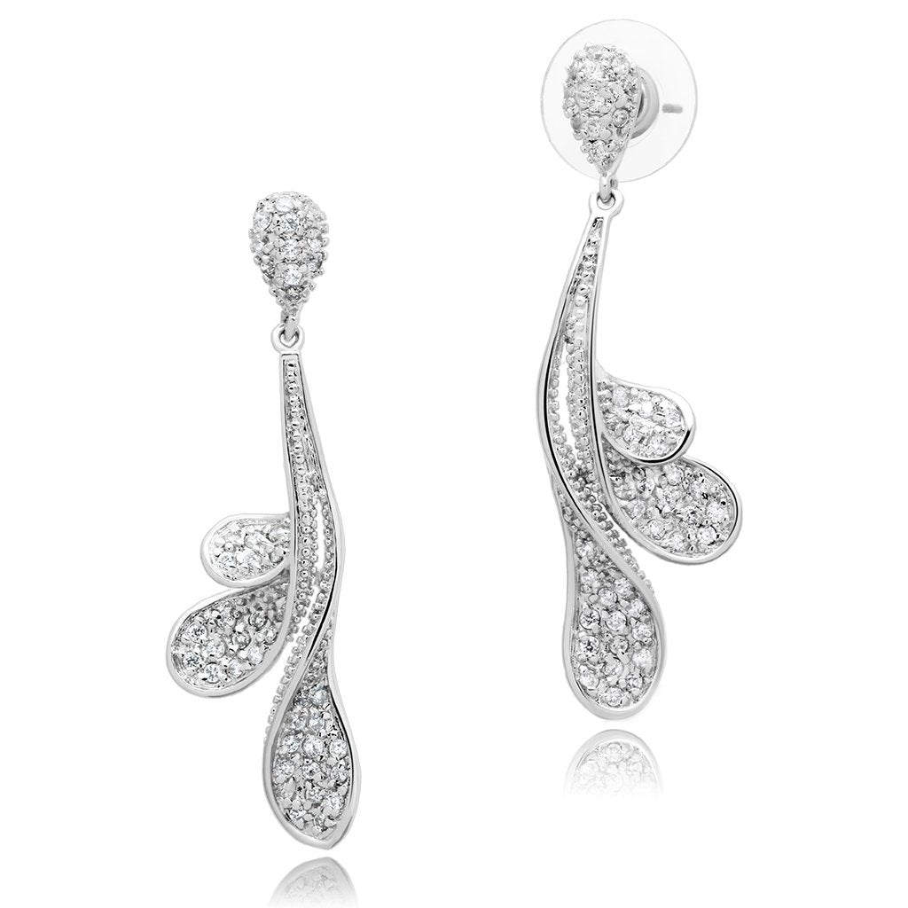 JCE299 Rhodium Brass Earrings with AAA Grade CZ  in Clear