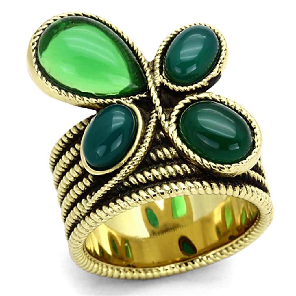JCE1104 IP Gold(Ion Plating) Stainless Steel Ring with Synthetic Synthetic Glass in Emerald